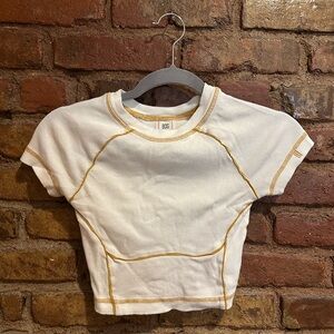 Urban Outfitters Ribbed White Crop Top with Yellow Stitching